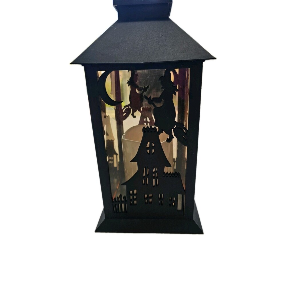Halloween Haunted House Hanging Lantern w Flickering LED Candle Light, Black Bat